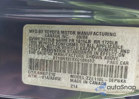 1999 Toyota Corolla Le z USA, uszkodzony, nr VIN 2T1BR12E8XC109982